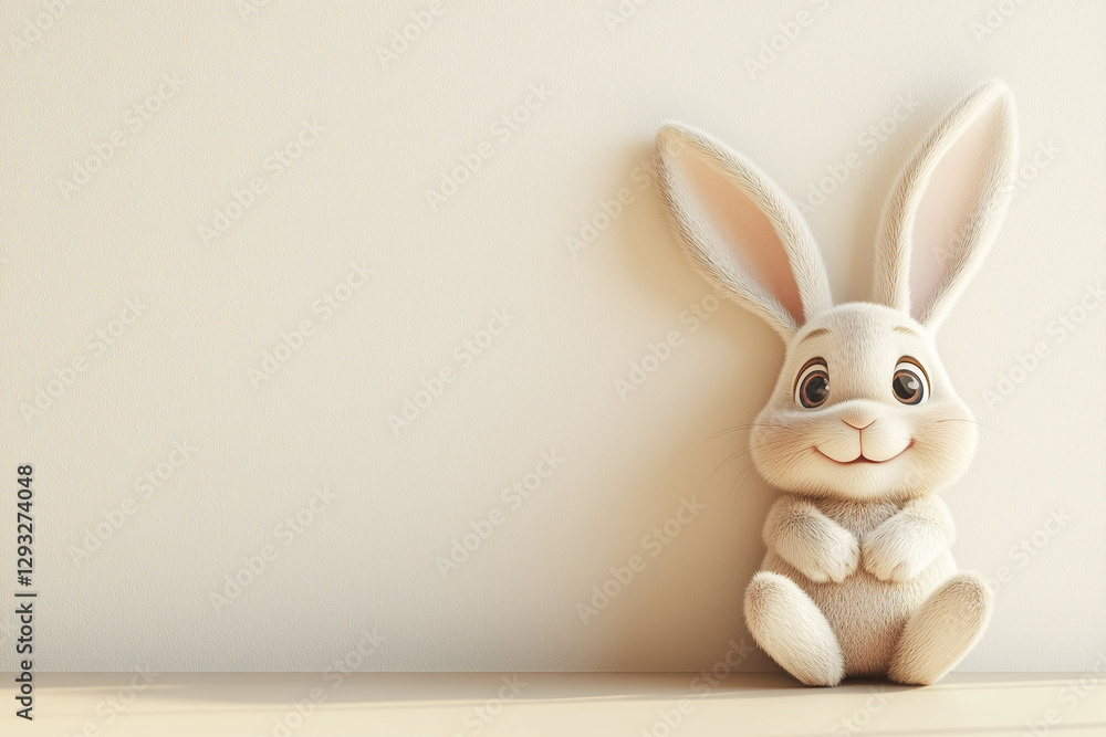 Obraz premium A happy cartoonish bunny toy with long ears standing against a neutral cream background. Playful and whimsical design