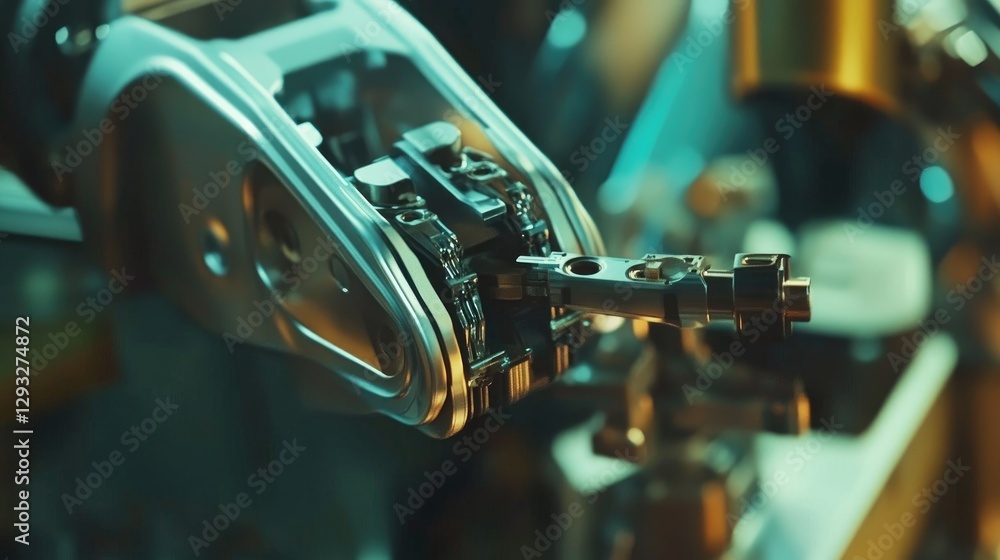 Fototapeta premium Close-up of a robotic arm assembling components in a high-tech factory, highlighting advanced manufacturing technology
