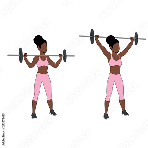 A Black African woman in pink clothing doing barbell shoulder military press on a bench exercise. Flat vector illustration isolated on white background.