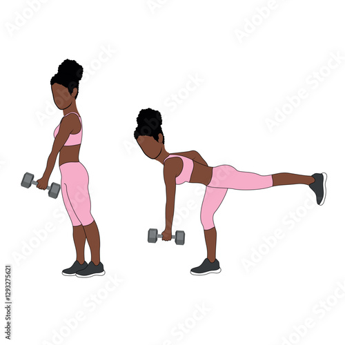 A Black African woman in pink clothing doing dumbbell single leg deadlifts exercise. Flat vector illustration isolated on white background.