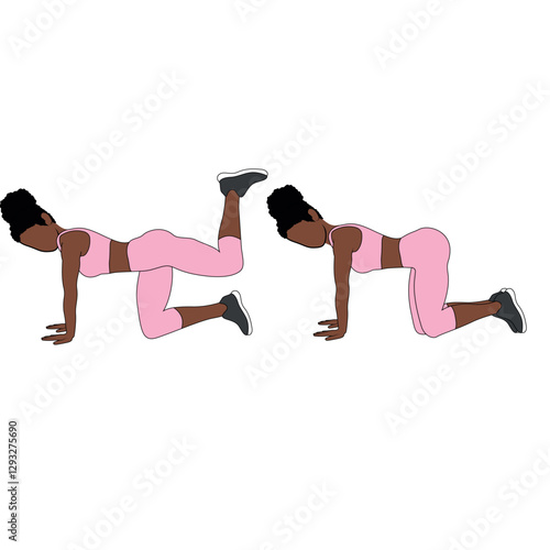 A Black African woman in pink clothing doing bodyweight kickbacks exercise. Flat vector illustration isolated on white background.