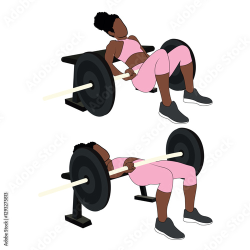 A Black African woman in pink clothing doing barbell hip thrusts exercise at the gym. Flat vector illustration isolated on white background.