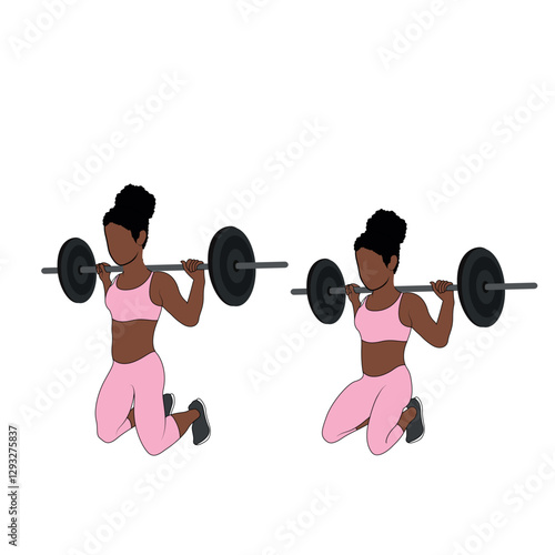 A Black African woman in pink clothing doing kneeling hip thrusts exercise at the gym. Flat vector illustration isolated on white background.
