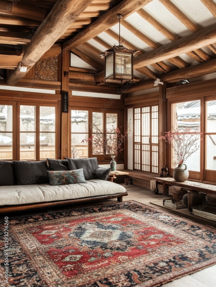 Fototapeta premium A beautifully decorated room featuring a traditional aesthetic with wood
