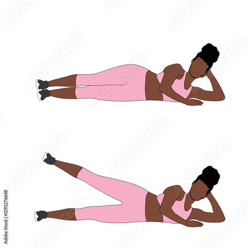 A Black African woman in pink clothing doing bodyweight side lying leg raises exercise. Flat vector illustration isolated on white background.