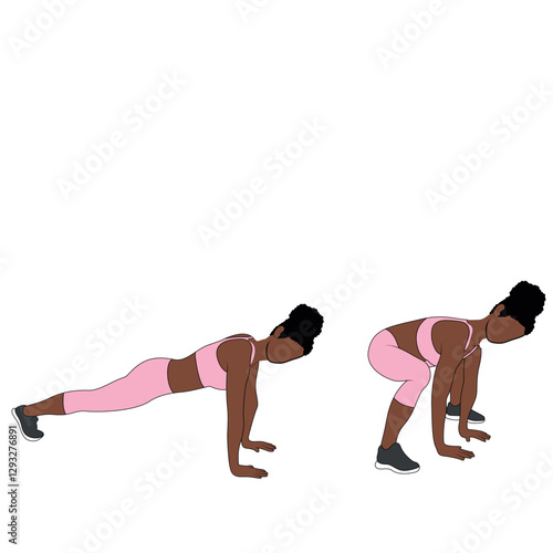A Black African woman in pink clothing doing bodyweight plank to squat exercise. Flat vector illustration isolated on white background.
