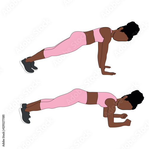 A Black African woman in pink clothing doing bodyweight elbow to hands plank exercise. Flat vector illustration isolated on white background.
