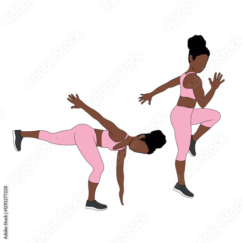 A Black African woman in pink clothing doing bodyweight  powerthroughs exercise. Flat vector illustration isolated on white background.