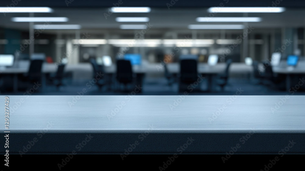 Obraz premium Empty office desk with vacant chairs and computers, symbolizing workforce layoffs and corporate downsizing, representing unemployment and economic challenges in modern workplace.