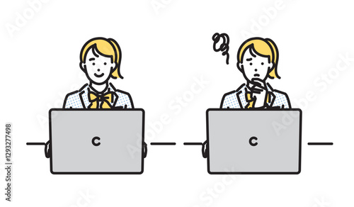 シンプル　イラスト　ノートパソコンで学習する女子高生のセット