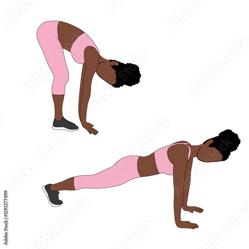 A Black African woman in pink clothing doing walkouts exercise. Flat vector illustration isolated on white background.