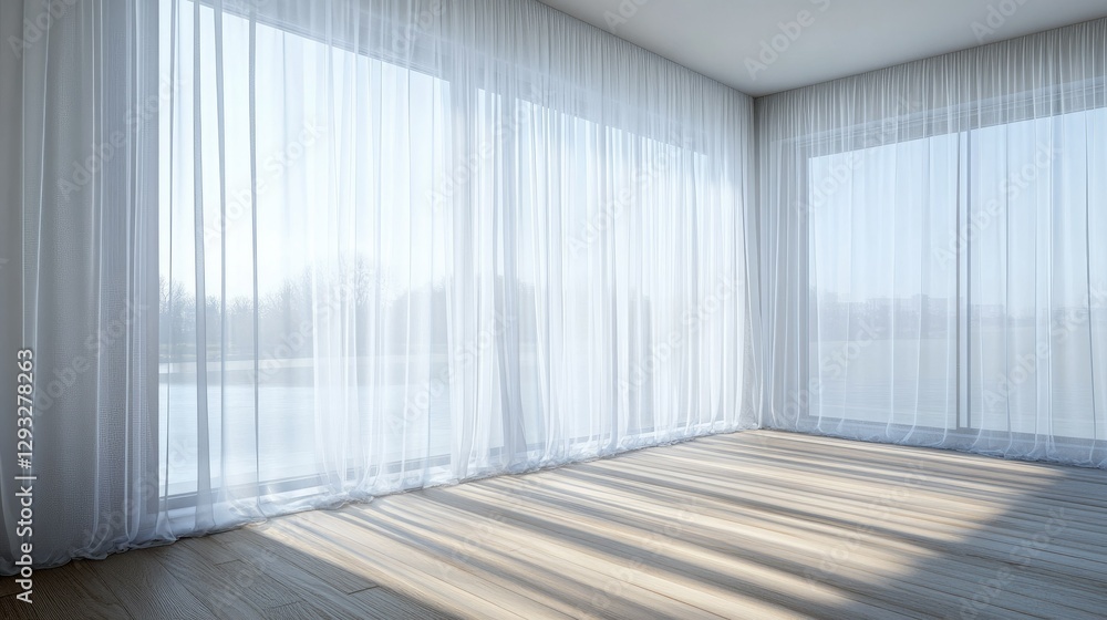 Fototapeta premium Modern interior curtain mockup with elegant floor-to-ceiling sheer white drapes, allowing soft natural light to filter in