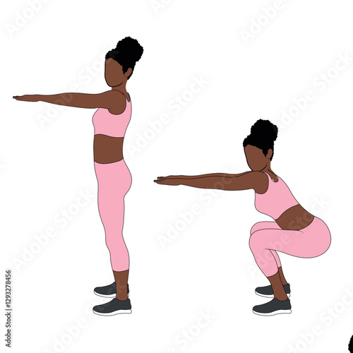 A Black African woman in pink clothing doing bodyweight squats. Flat vector illustration isolated on white background