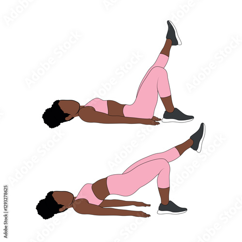 A Black African woman in pink clothing doing single leg glute bridges. Flat vector illustration isolated on white background