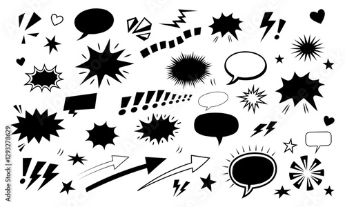 Comic Burst Explosion Vector Silhouette Set – Speech Bubbles, Boom Elements, and Retro Pop Art Illustration for Comic Design