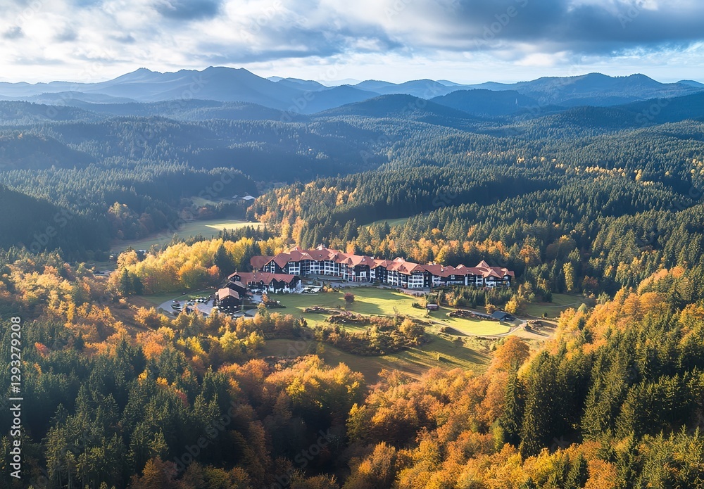 Obraz premium A Wide View of a Forested Valley with Trees Displaying Hints of Autumn Colors, Under a Dramatic Overcast Sky with Low-Hanging Clouds.