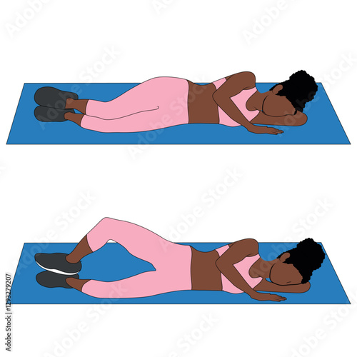 A Black African woman in pink clothing doing clamshells exercise on a mat. Flat vector illustration isolated on white background