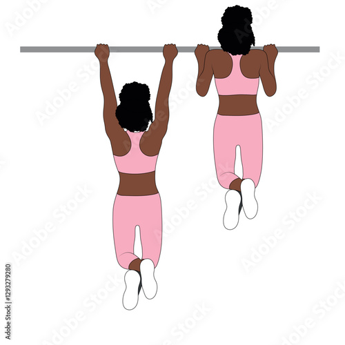 Black Female Character performing pull ups exercise in pink clothing