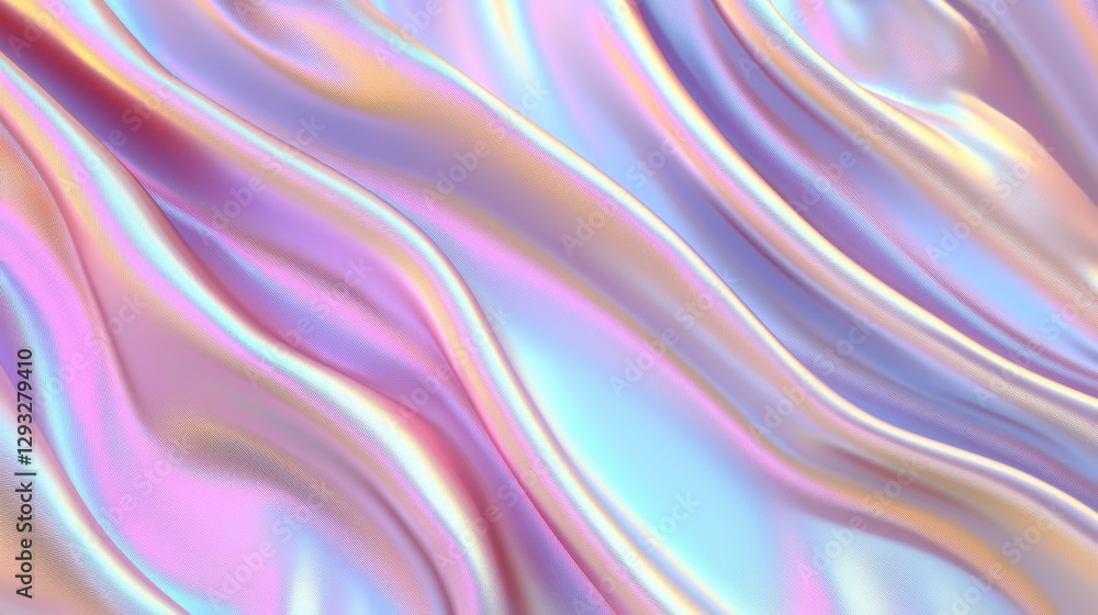 A colorful, iridescent wave pattern showcases soft pastel hues, creating an elegant and fluid visual texture.