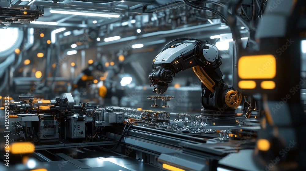A modern factory scene featuring a robotic arm assembling parts on an automated production line with advanced machinery A modern factory scene featuring a robotic arm assembling parts on an automated production line with advanced machinery