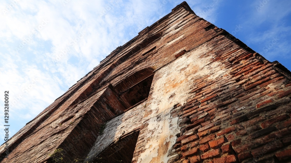 Aged brick tower under blue sky: low angle view of imposing height and crumbling architecture Aged brick tower under blue sky: low angle view of imposing height and crumbling architecture