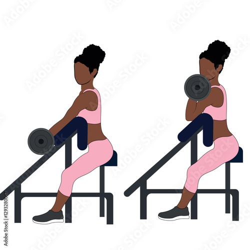 A Black African woman in pink clothing doing isolated curls with dumbbells exercise. Flat vector illustration isolated on white background
