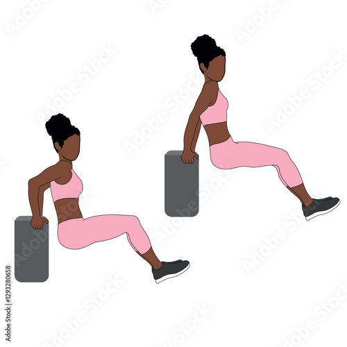Black Female Character doing triceps dips exercise in pink clothing