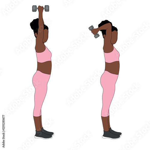 Black Female Character doing standing skull crushers exercise in pink clothing