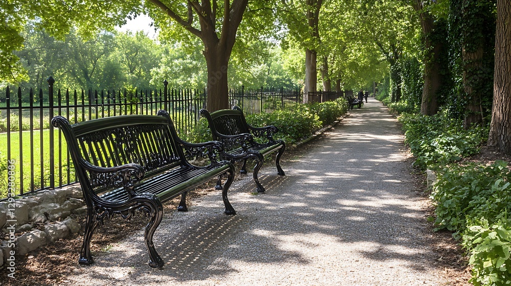 Two ornate benches next to a walking path in the park Two ornate benches next to a walking path in the park