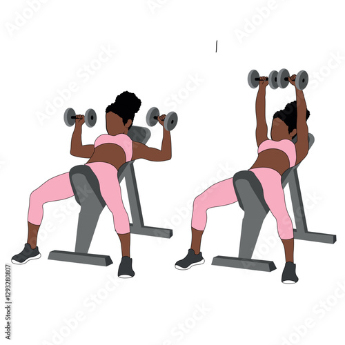 Black Female Character doing incline dumbbell bench chest press exercise in pink clothing