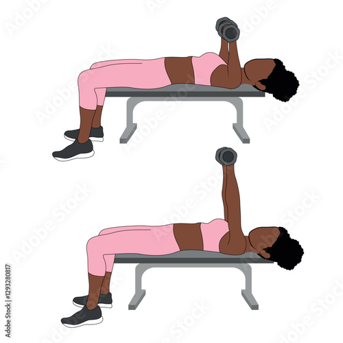 Black Female Character doing dumbbell bench chest press exercise in pink clothing