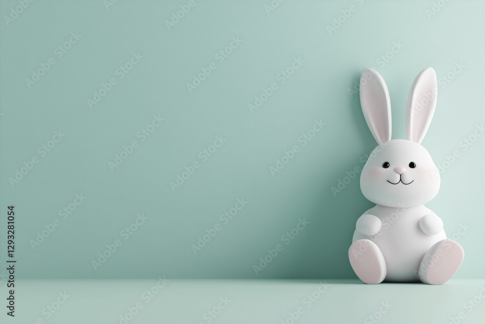 Obraz premium A cute plush bunny toy sitting against a soft mint green background. Minimalist and playful composition, perfect for Easter and kids' themes