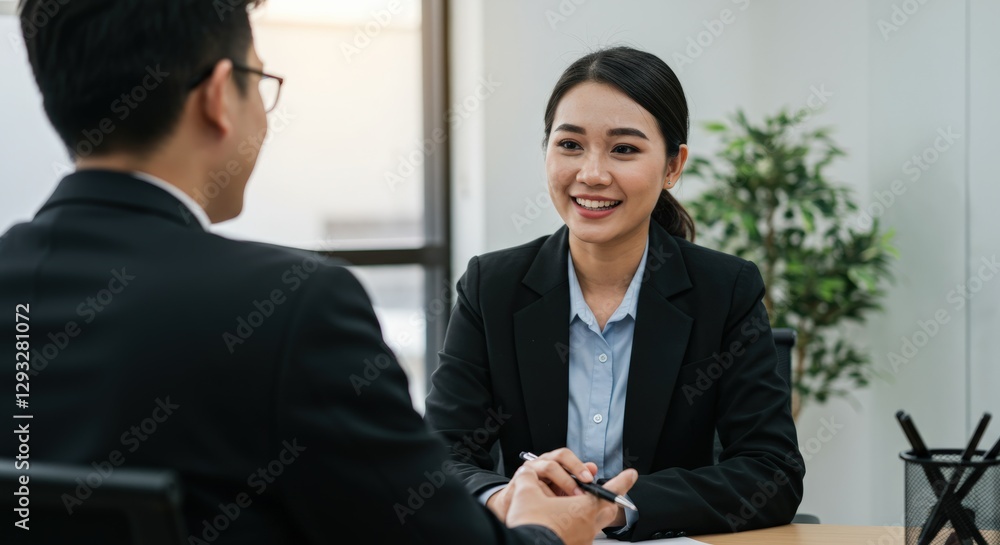 Businesswoman in Black Suit Smiling During Office Conversation Businesswoman in Black Suit Smiling During Office Conversation