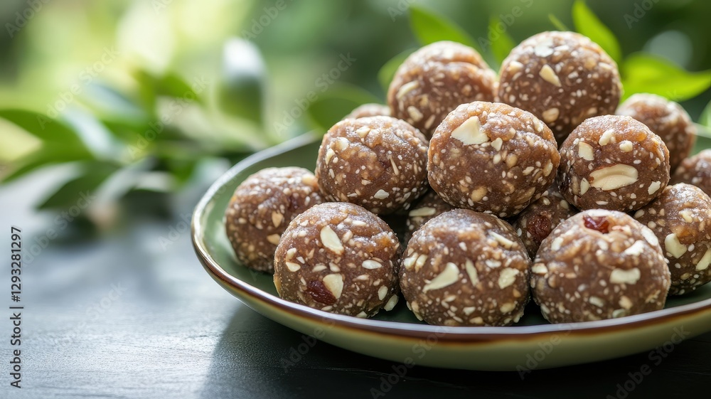 An elegant arrangement of sugar-free dates and nut ladoos on a rustic wooden table, perfect for healthy snacking. An elegant arrangement of sugar-free dates and nut ladoos on a rustic wooden table, perfect for healthy snacking.