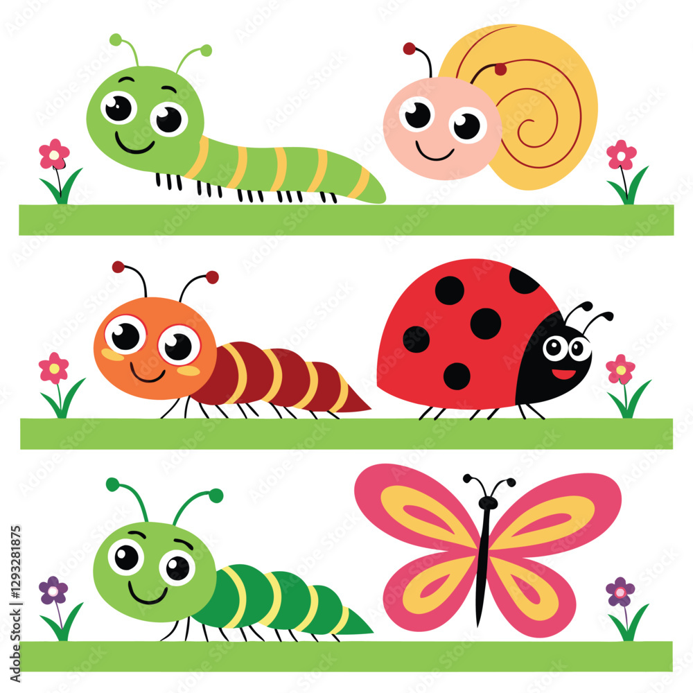 Obraz premium Lovely Insect Illustrations Caterpillar, Snail, Ladybug, Spider, and Butterflies