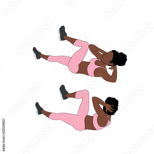 Black Female Character doing bodyweight bicycle crunches abs exercise in pink clothing