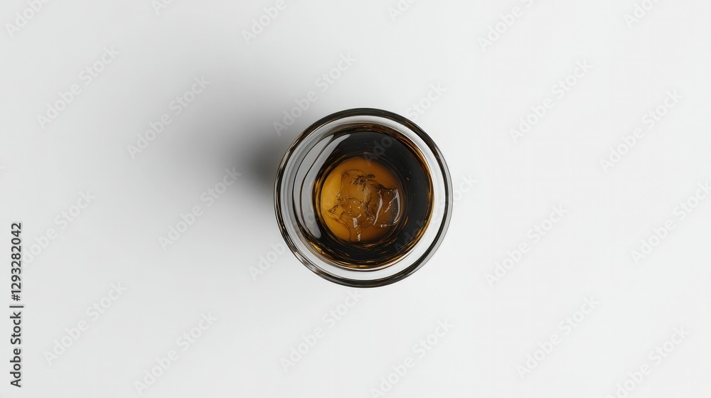 Top-down view of a transparent cup filled with iced Americano, deep brown coffee tones contrasting with the ice. White background Top-down view of a transparent cup filled with iced Americano, deep brown coffee tones contrasting with the ice. White background