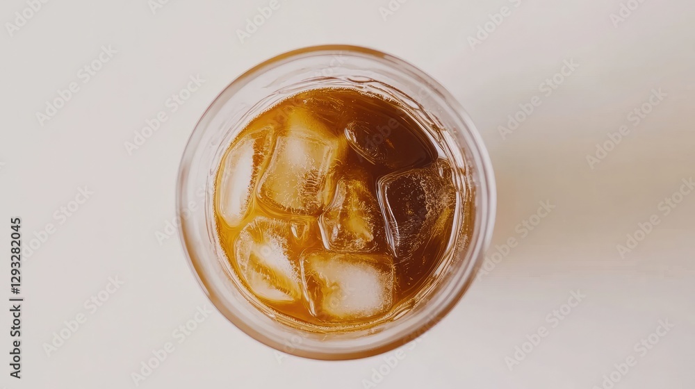 Top-down view of a transparent cup filled with iced Americano, deep brown coffee tones contrasting with the ice. White background Top-down view of a transparent cup filled with iced Americano, deep brown coffee tones contrasting with the ice. White background
