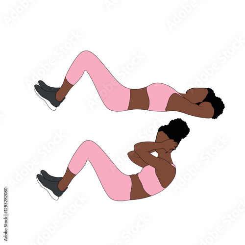 Black Female Character doing bodyweight crunches abs exercise in pink clothing