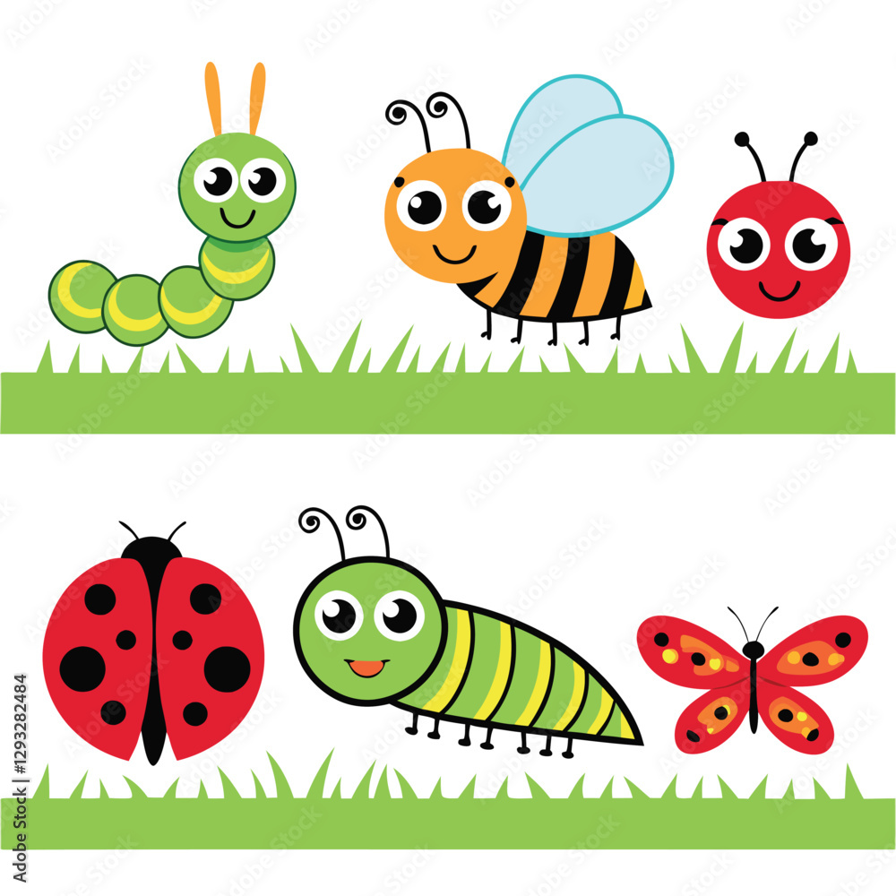Obraz premium Cartoon Bug Collection Cute Caterpillar, Snail, Ladybug, Spider, and Butterflies