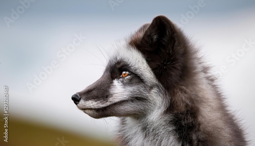 Arctic Fox Portrait in Tranquil Arctic Landscape Majestic Alopex lagopus at Trygghamna, Svalbard, Norway, Showcasing Winters Frosty Textures and Vivid Blue Ice Formations. photo