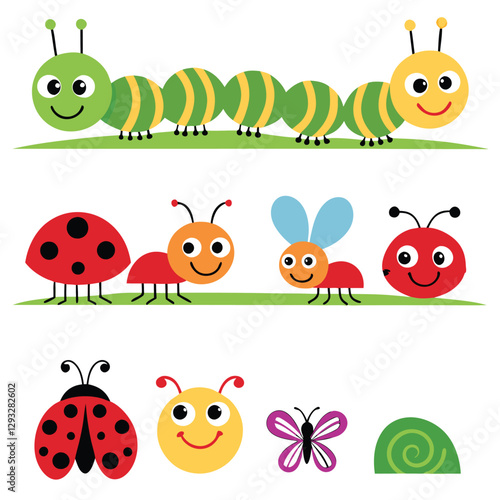 Adorable Insect Friends Caterpillar, Snail, Ladybug, Spider, and Butterflies