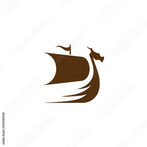 A brown longship icon featuring a dragon figurehead, simple sail design, and shields, representing Norse marine history and Scandinavian mythology.