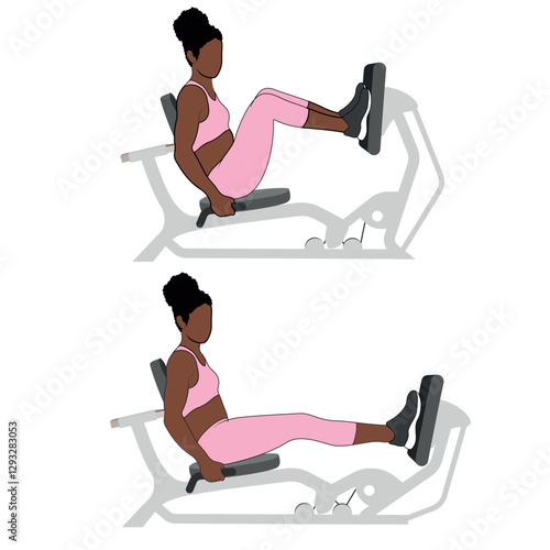 Black Female Character doing leg press exercise in pink clothing