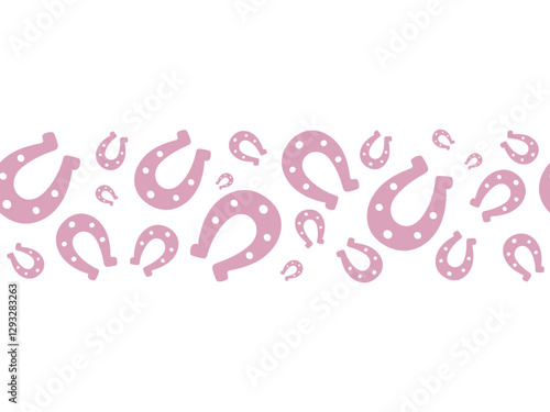 Lucky glamorous horseshoe. Pink silhouette. Seamless single horizontal border. Endless vector pattern. Isolated colorless background. Symbol of good luck. Continuous ornament. Flat style. 