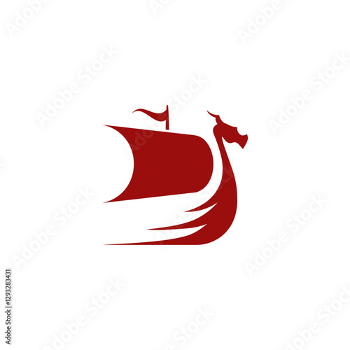An antique style Viking drakkar icon with shields and a red sail, representing Nordic marine warfare, mythology, and Scandinavian traditions.