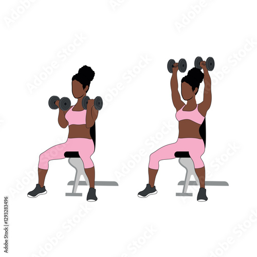 Black Female Character doing the dumbbell shoulder Arnold press exercise in pink clothing