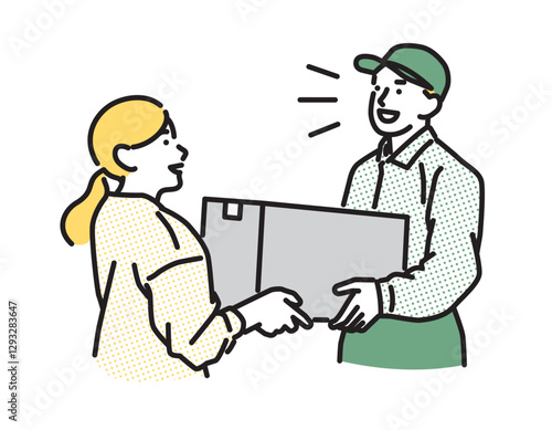 シンプル　イラスト　笑顔で荷物を受け渡す配達員の男性