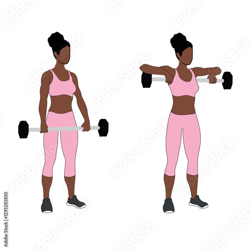 Black Female Character doing the barbell upright row exercise in pink clothing