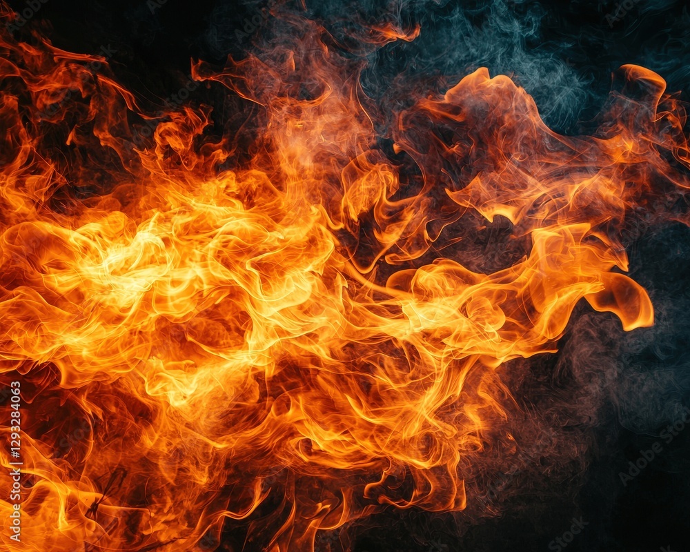 Fototapeta premium Fiery orange and yellow flames dance across a deep black background, dynamically shifting to the right, capturing intense movement and vibrant warmth